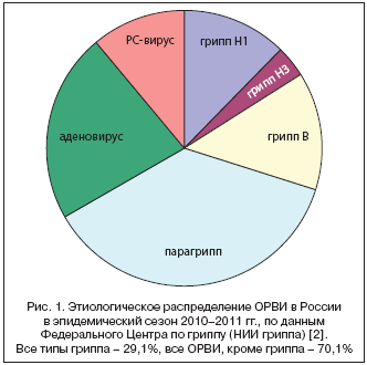 Рис. 1. Этиологическое распределение ОРВИ в России в эпидемический сезон 2010–2011 гг., по данным Федерального Центра по гриппу (НИИ гриппа) [2]. Все типы гриппа – 29,1%, все ОРВИ, кроме гриппа – 70,1%