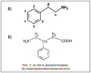 Рис. 2. (А) Бета-фенилэтиламин, (Б) Аминофенилмасляная кислота