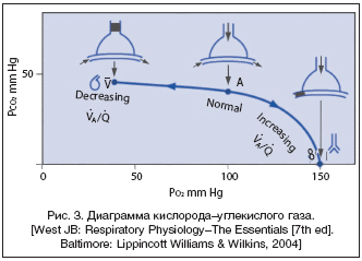 Рис. 3. Диаграмма кислорода–углекислого газа. [West JB: Respiratory Physiology–The Essentials [7th ed]. Baltimore: Lippincott Williams & Wilkins, 2004]