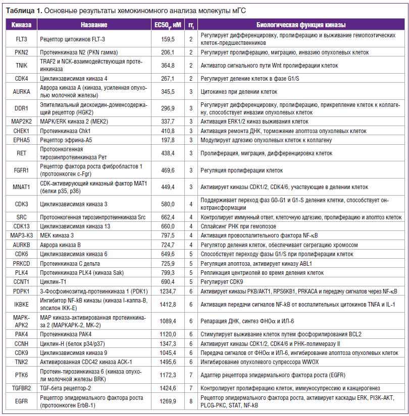 Таблица 1. Основные результаты хемокиномного анализа молекулы мГС