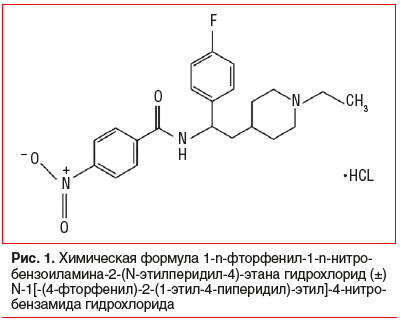 Рис. 1. Химическая формула 1-n-фторфенил-1-n-нитро- бензоиламина-2-(N-этилперидил-4)-этана гидрохлорид (±) N-1[-(4-фторфенил)-2-(1-этил-4-пиперидил)-этил]-4-нитробензамида гидрохлорида