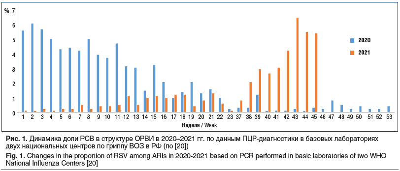 Рис. 1. Динамика доли РСВ в структуре ОРВИ в 2020–2021 гг. по данным ПЦР-диагностики в базовых лабораториях двух национальных центров по гриппу ВОЗ в РФ (по [20]) Fig. 1. Changes in the proportion of RSV among ARIs in 2020-2021 based on PCR performed in b