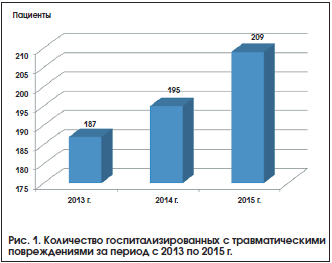 Рис. 1. Количество госпитализированных с травматическими повреждениями за период с 2013 по 2015 г.
