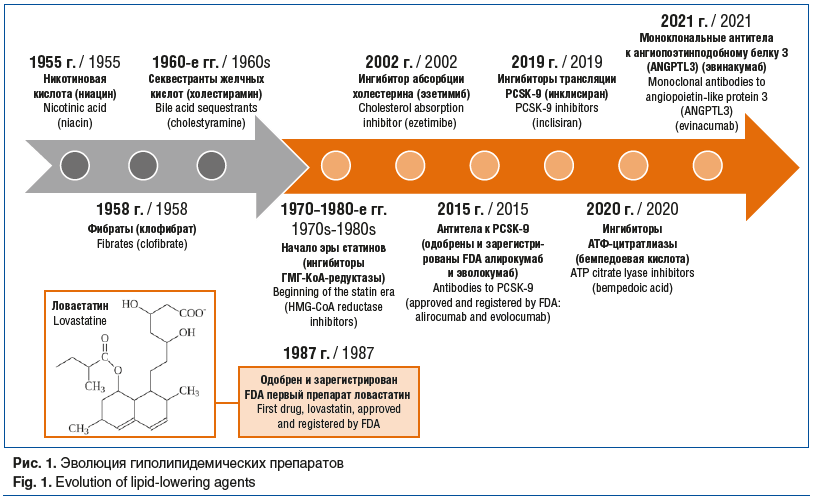 Рис. 1. Эволюция гиполипидемических препаратов Fig. 1. Evolution of lipid-lowering agents
